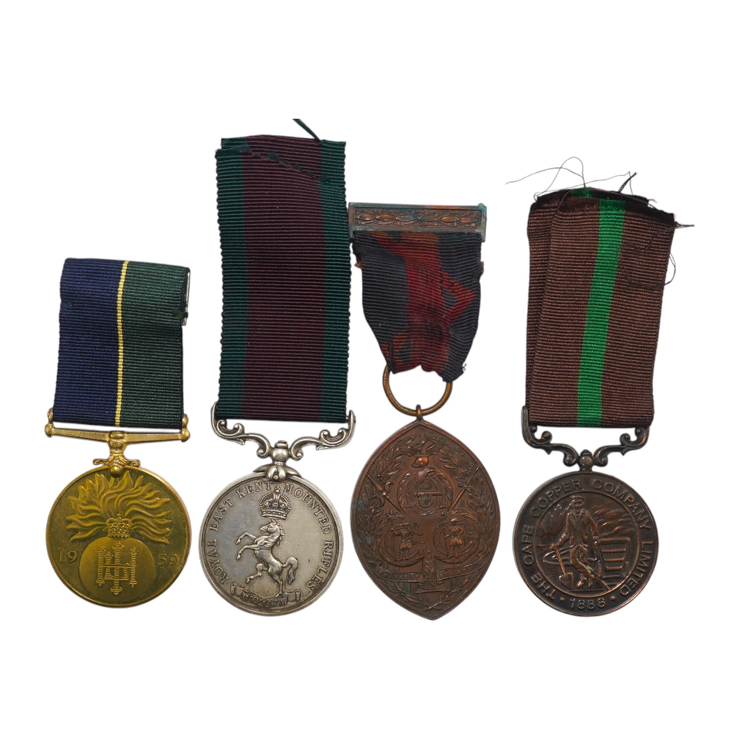 Four assorted medals; Royal East Kent Mounted Rifles Best Turned Out Troop 1901-1902-1903 Trooper Harrison; Medal for the Defence of Ookiep (reproduction); Honorable Artillery Company of London's Old Gunners Club medal t